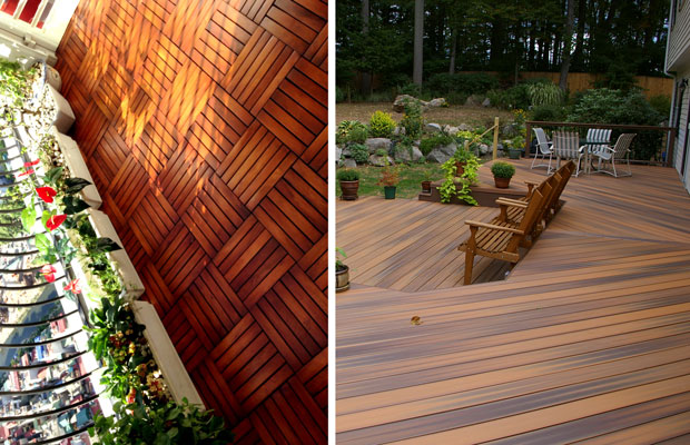 Đối với khu vực ngoại thất nên sử dụng sàn gỗ ngoài trời chuyên dụng sẽ mang lại độ bền hơn